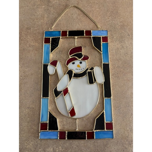 Stained Glass Snowman Window Hanging Christmas Decor Winter Holiday Art - Picture 1 of 4